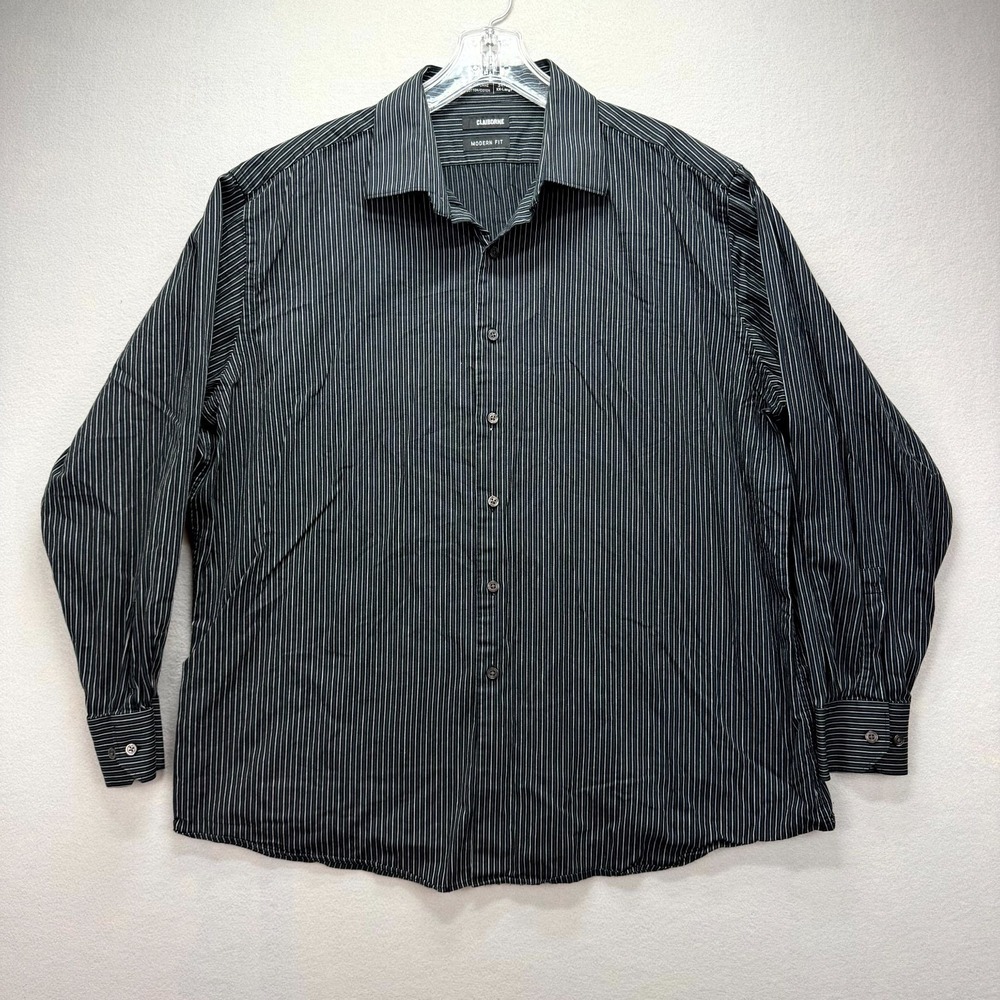 Claiborne Dress Shirt Mens 2XL Black White Striped Modern Fit Business Button Up